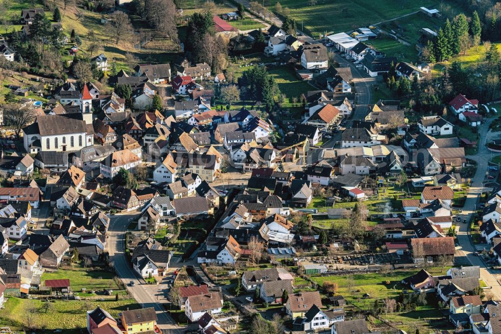 Aerial image Münchweier - Town View of the streets and houses of the residential areas in Muenchweier in the state Baden-Wurttemberg, Germany