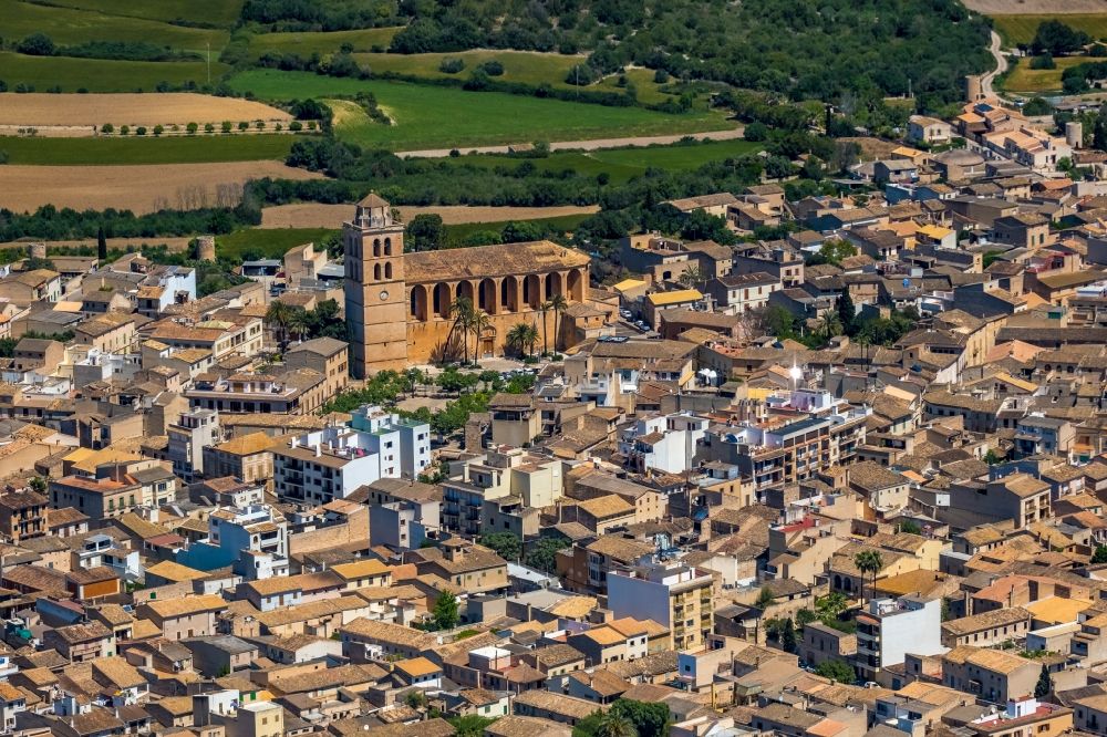 Muro from the bird's eye view: Town View of the streets and houses of the residential areas in Muro in Balearic island of Mallorca, Spain