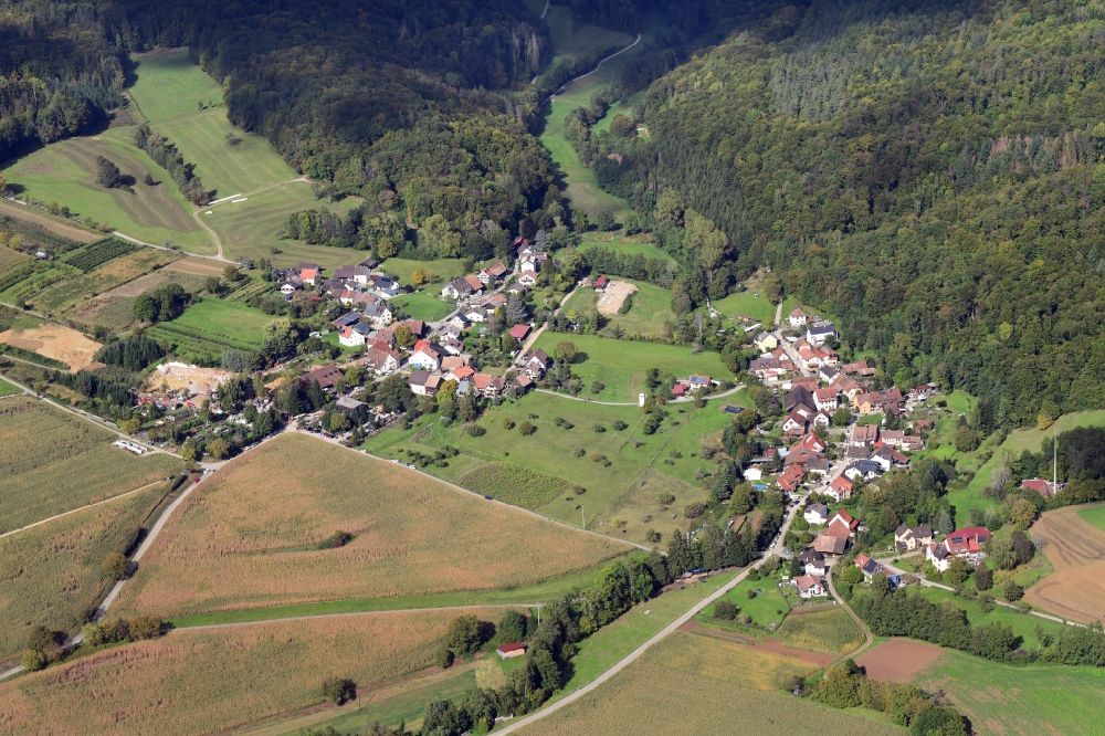 Kandern from the bird's eye view: View of the streets and houses of the villages Egerten und Nebenau in the district Wollbach in Kandern in the state Baden-Wurttemberg, Germany