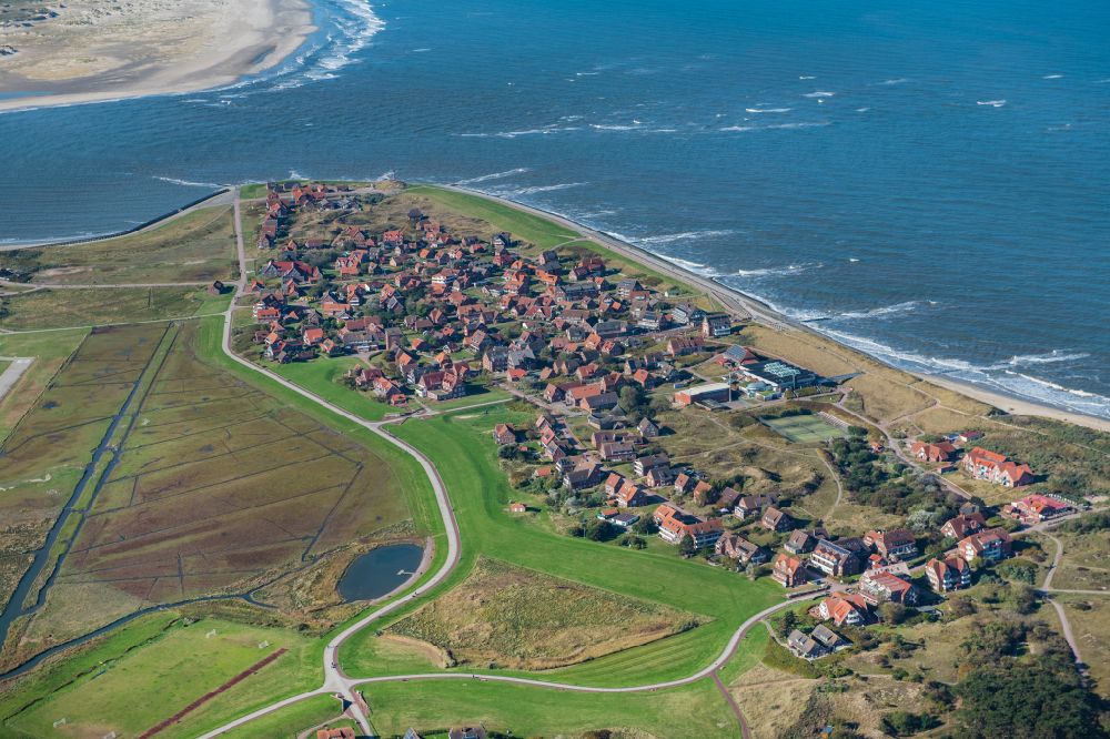 Baltrum from above - Town View of the streets and houses of the residential areas in Ostdorf and Westdorf on the North Sea island Baltrum in the state Lower Saxony