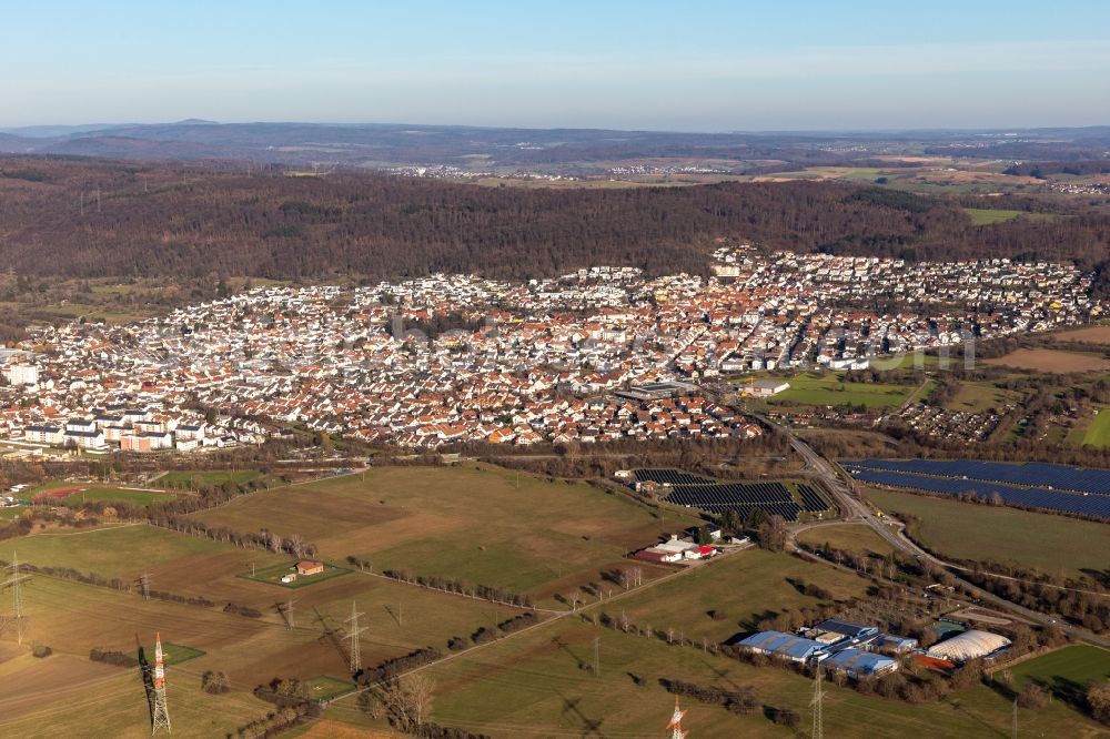 Nußloch from the bird's eye view: Town View of the streets and houses of the residential areas in Nussloch in the state Baden-Wuerttemberg, Germany