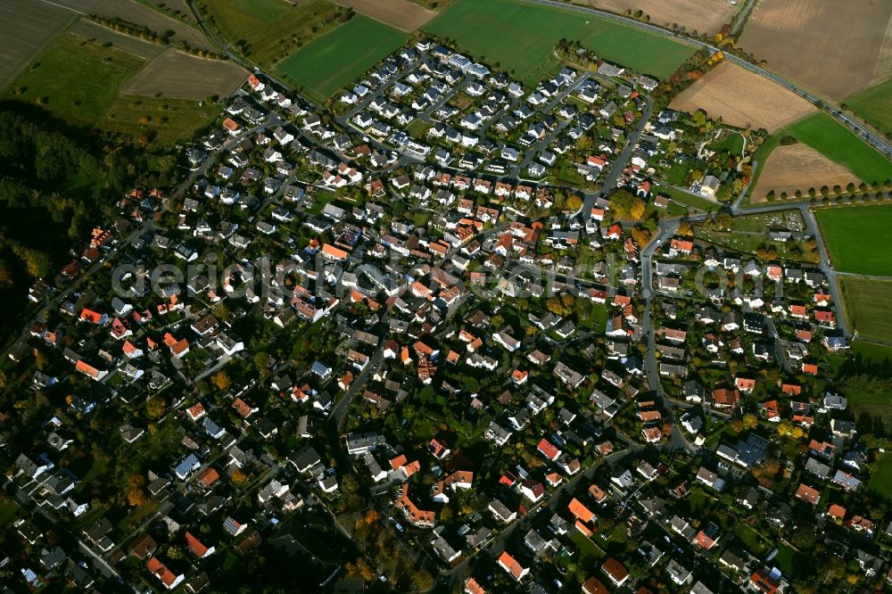 Obernhain from the bird's eye view: Town View of the streets and houses of the residential areas in Obernhain in the state Hesse, Germany