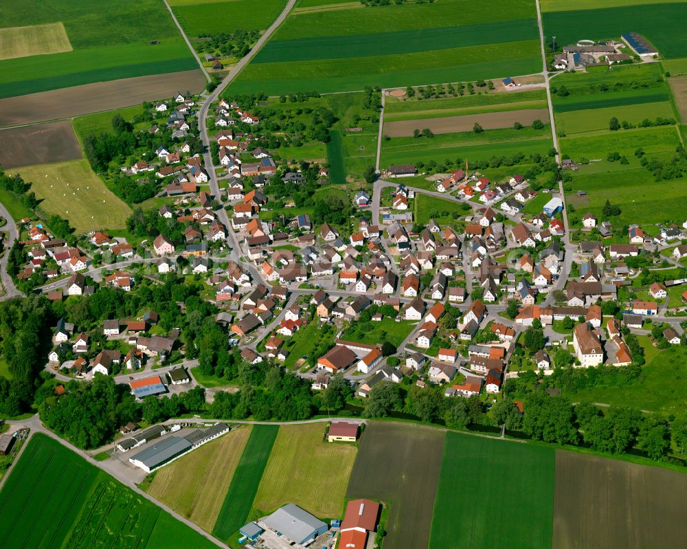 Obersulmetingen from above - Town View of the streets and houses of the residential areas in Obersulmetingen in the state Baden-Wuerttemberg, Germany