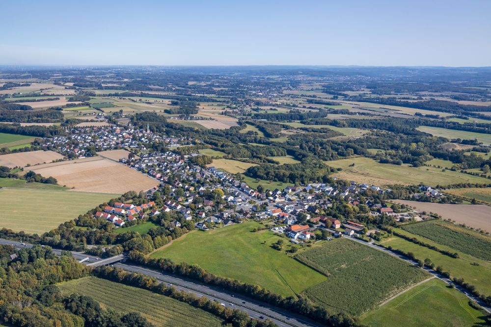 Holzwickede from above - Town View of the streets and houses of the residential areas in Opherdicke in the state North Rhine-Westphalia, Germany