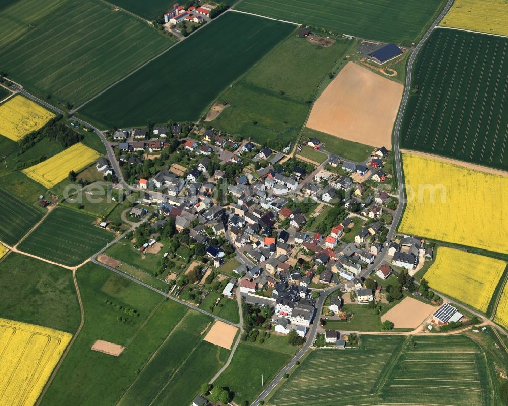 Aerial photograph Berghausen - View of the borough of Berghausen in the state of Rhineland-Palatinate. The borough and municipiality is located in the county district of Rhine-Lahn, in the Hintertaunus mountain region. The agricultural village consists of residential areas and is surrounded by rapeseed fields and meadows