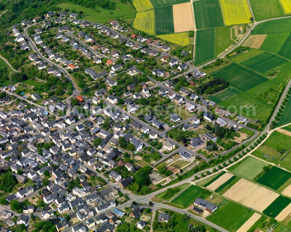 Aerial image Bornich - View of the borough of Bornich in the state of Rhineland-Palatinate. The borough and municipiality is located in the county district of Rhine-Lahn, in the Taunus mountain region. The official tourist resort consists of residential areas and is surrounded by rapeseed fields and meadows