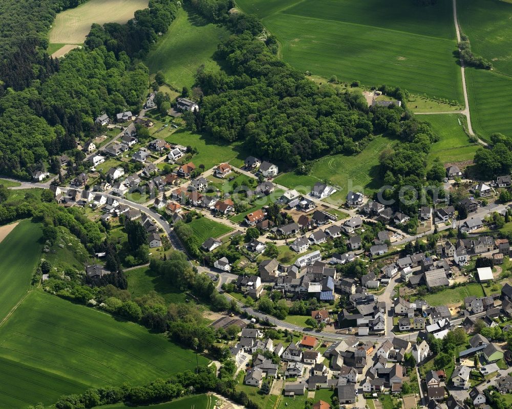 Aerial image Glees - View of the borough of Glees in the state of Rhineland-Palatinate. Glees is an official tourist resort and is located in a valley of the Eifel region. It is surrounded by hills, fields and wooded areas