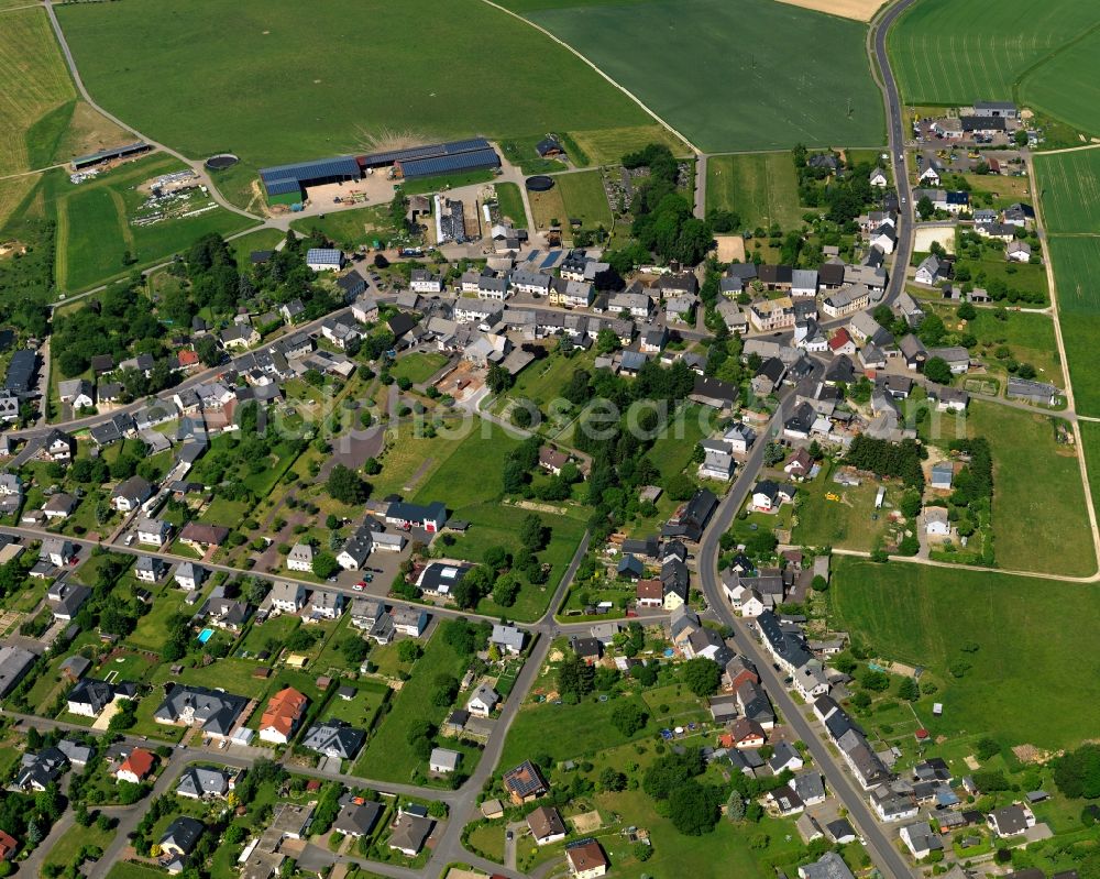 Aerial photograph Kempfeld - View of Kempfeld in the state of Rhineland-Palatinate. The borough and municipiality is an official spa resort and located in the county district of Birkenfeld, in the Hunsrueck region. It is surrounded by agricultural land, meadows and forest and includes three hamlets such as Katzenloch