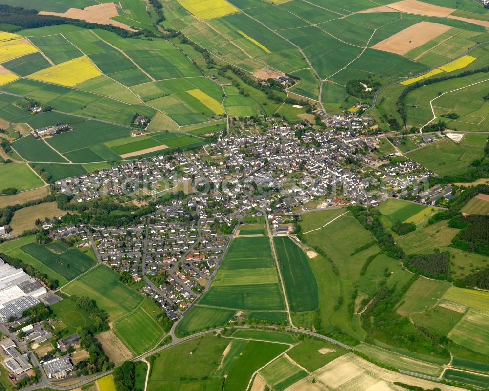 Aerial image Miehlen - View of the borough of Miehlen in the state of Rhineland-Palatinate. The borough and municipiality is located in the county district of Rhine-Lahn, in the Western Hintertaunus mountain region. The agricultural village consists of residential areas and is surrounded by rapeseed fields and meadows