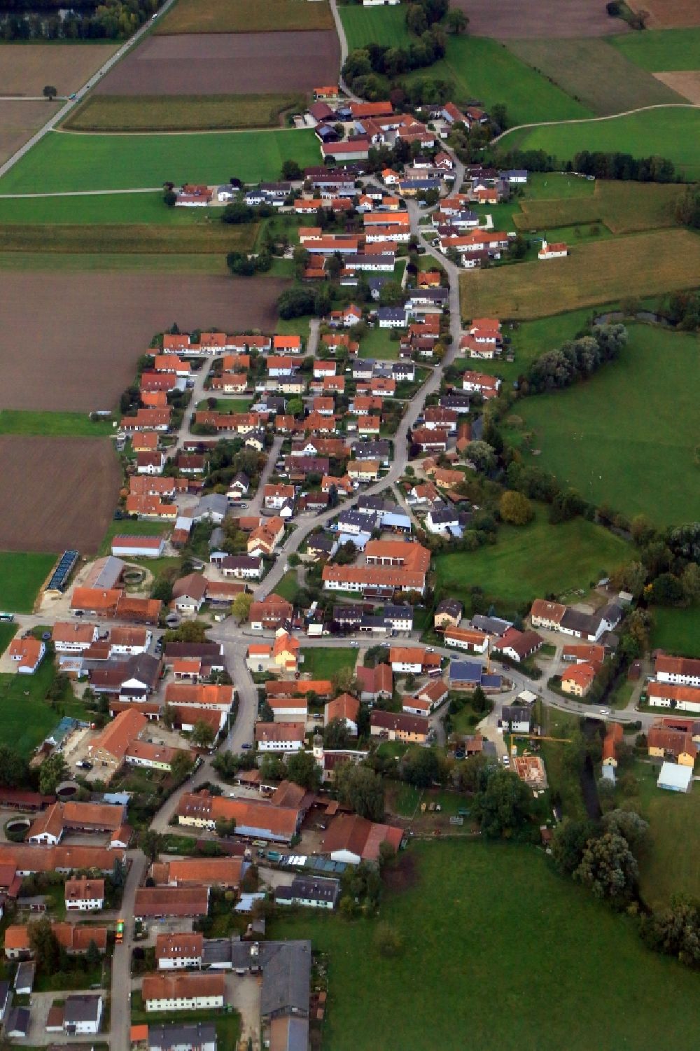 Erding from above - View of the streets and houses of the residential areas in the district Eichenkofen and Altham in Erding in the state Bavaria, Germany