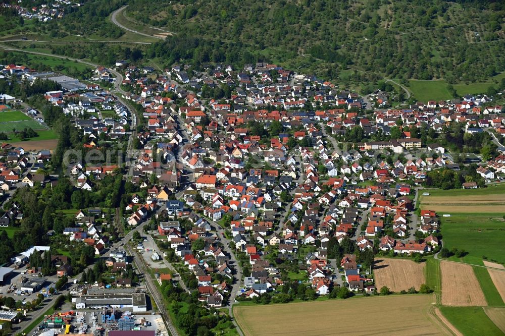 Schorndorf from above - Town View of the streets and houses of the residential areas in the district Haubersbronn in Schorndorf in the state Baden-Wuerttemberg, Germany