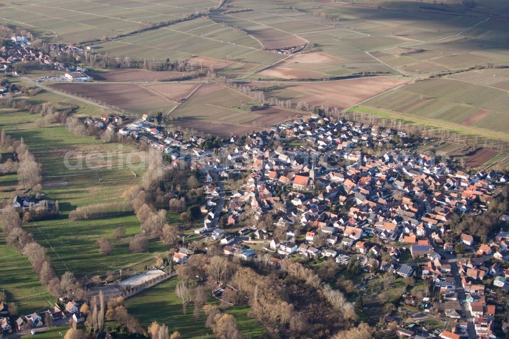 Billigheim-Ingenheim from above - Town View of the streets and houses of the residential areas in the district Ingenheim in Billigheim-Ingenheim in the state Rhineland-Palatinate
