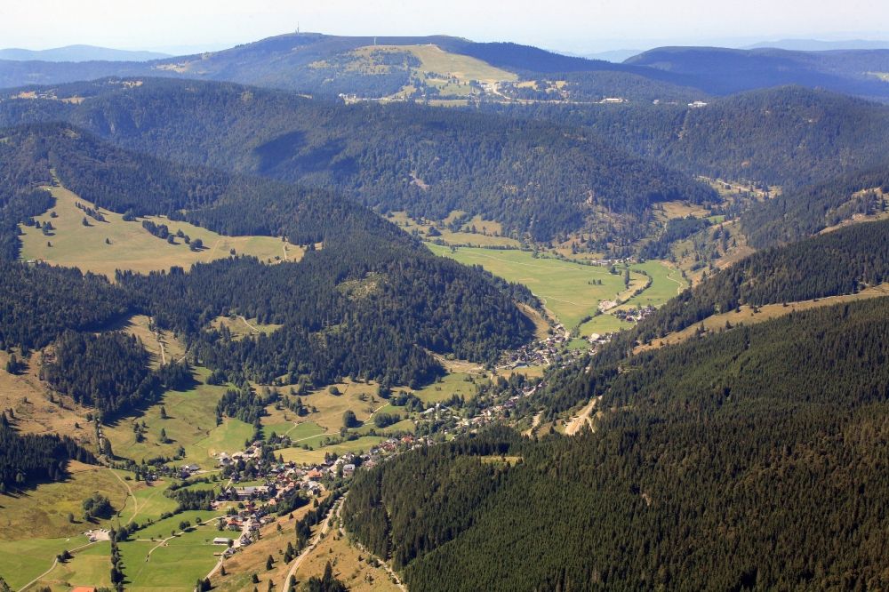 Sankt Blasien from above - Town View of the district Menzenschwand in the state of Baden- Wuerttemberg. The resort in the Black Forest is located in a nature reserve on the southern slopes of the Feldberg and is a health resort