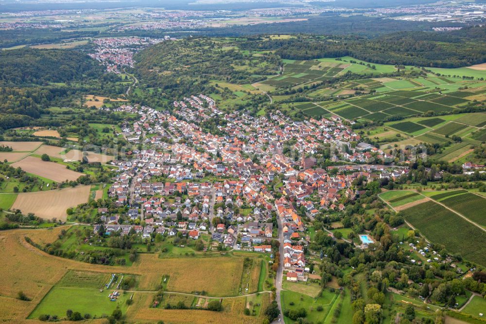 Bruchsal from above - Town View of the streets and houses of the residential areas in the district Obergrombach in Bruchsal in the state Baden-Wuerttemberg, Germany
