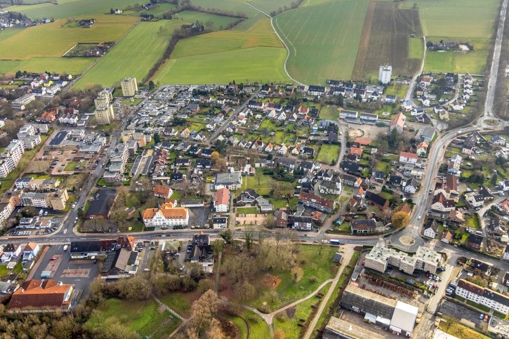 Aerial image Hamm - Town View of the streets and houses of the residential areas on Kamener Strasse in the district Pelkum in Hamm at Ruhrgebiet in the state North Rhine-Westphalia, Germany