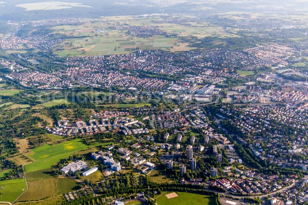 Reutlingen from the bird's eye view: Town View of the streets and houses of the residential areas in the district Ringelbach in Reutlingen in the state Baden-Wuerttemberg, Germany