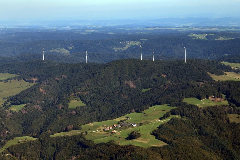 Aerial image Häg-Ehrsberg - District Rohrbach of the village Haeg-Ehrsberg with silhouette of a group of wind power plants Rohrenkopf in Gersbach, Black Forest, in the state Baden-Wurttemberg, Germany