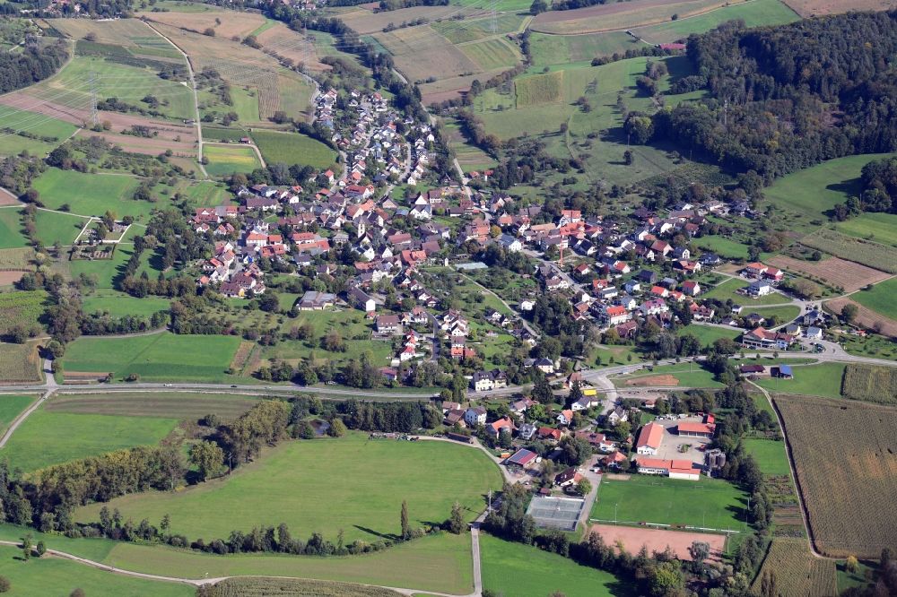 Kandern from the bird's eye view: View of the streets and houses of the residential areas in the district Wollbach in Kandern in the state Baden-Wurttemberg, Germany