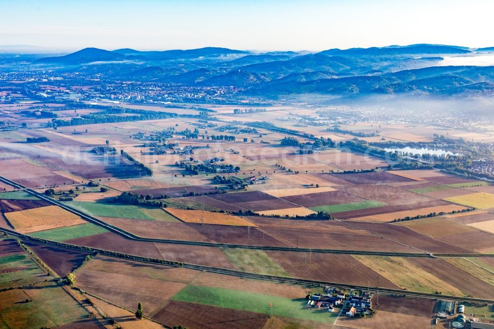 Aerial image Laudenbach - Plain landscape at the edge of the Odewald mountains in Laudenbach in the state Baden-Wurttemberg, Germany