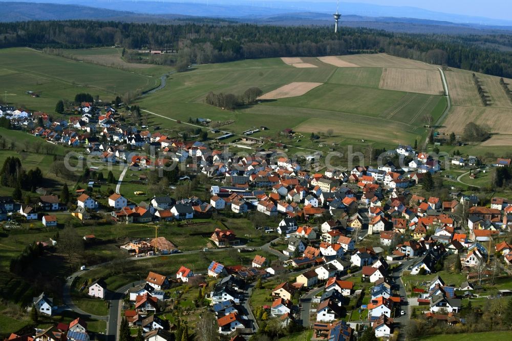 Heinrichsthal from the bird's eye view: Town view on the outskirts of society fields and usable areas, meadows and forests in Heinrichsthal in the state Bavaria, Germany