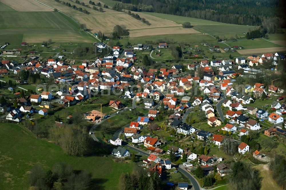 Aerial image Heinrichsthal - Town view on the outskirts of society fields and usable areas, meadows and forests in Heinrichsthal in the state Bavaria, Germany