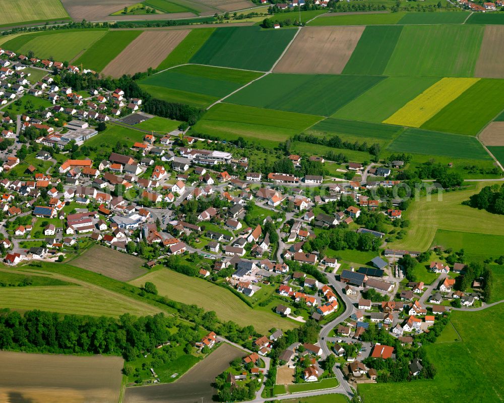 Alberweiler from above - Village view on the edge of agricultural fields and land in Alberweiler in the state Baden-Wuerttemberg, Germany