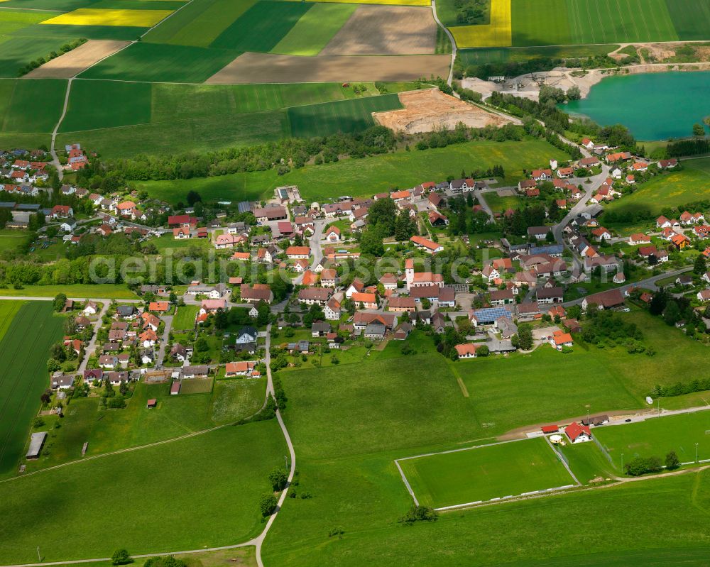 Alberweiler from above - Village view on the edge of agricultural fields and land in Alberweiler in the state Baden-Wuerttemberg, Germany