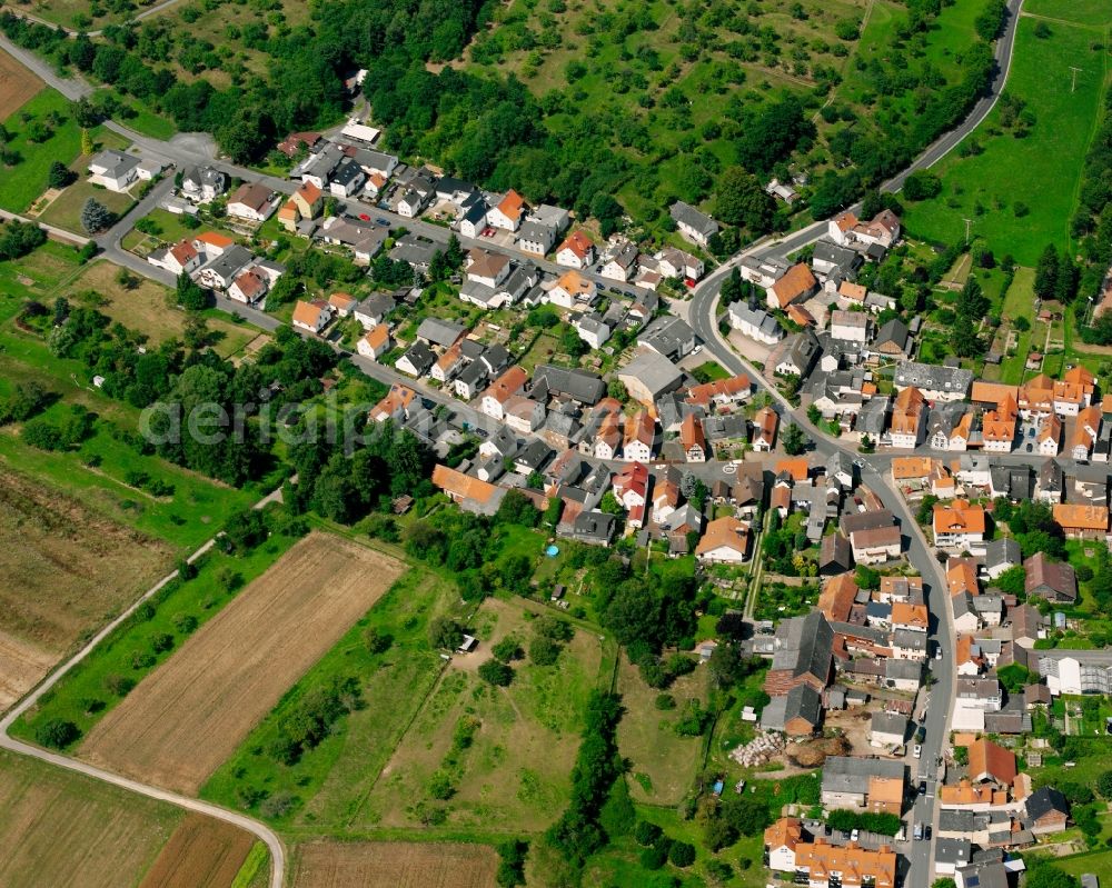 Aerial image Allendorf a. d. Lahn - Village view on the edge of agricultural fields and land in Allendorf a. d. Lahn in the state Hesse, Germany