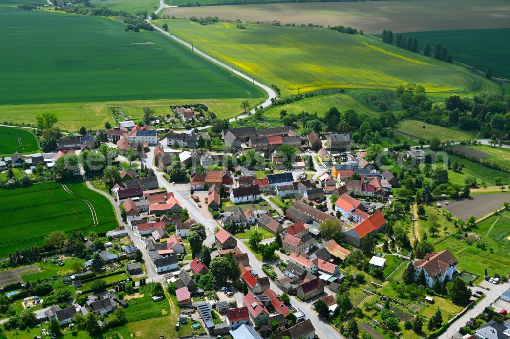 Allstedt from above - Village view on the edge of agricultural fields and land in Allstedt in the state Saxony-Anhalt, Germany