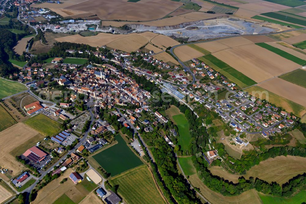 Aerial image Baldersheim - Village view on the edge of agricultural fields and land in Baldersheim in the state Bavaria, Germany