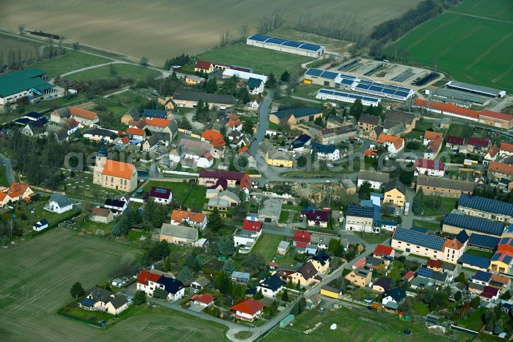 Aerial image Barnstädt - Village view on the edge of agricultural fields and land in Barnstaedt in the state Saxony-Anhalt, Germany