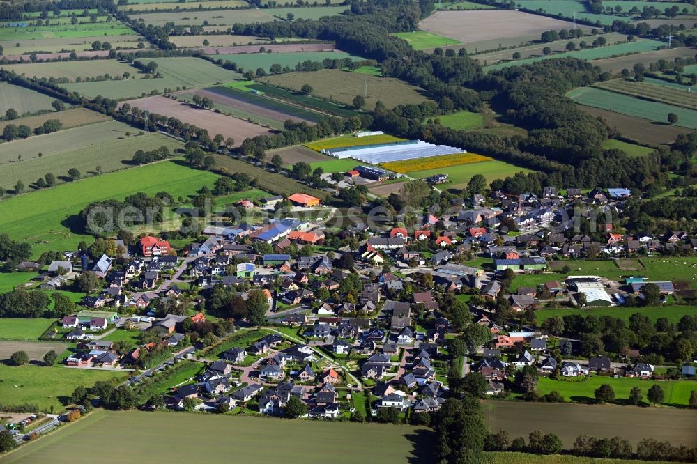 Barsbüttel from the bird's eye view: Village view on the edge of agricultural fields and land in the district Stemwarde in Barsbuettel in the state Schleswig-Holstein, Germany