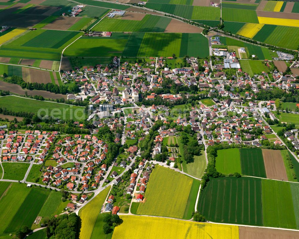 Baustetten from the bird's eye view: Village view on the edge of agricultural fields and land in Baustetten in the state Baden-Wuerttemberg, Germany
