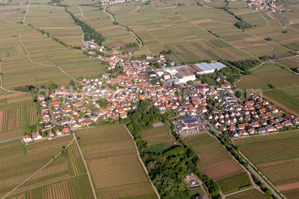 Böchingen from the bird's eye view: Village view on the edge of agricultural fields and land in Boechingen in the state Rhineland-Palatinate, Germany
