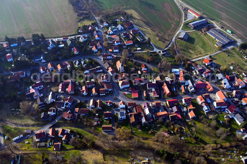Belrieth from above - Village view on the edge of agricultural fields and land on street B89 in Belrieth in the state Thuringia, Germany