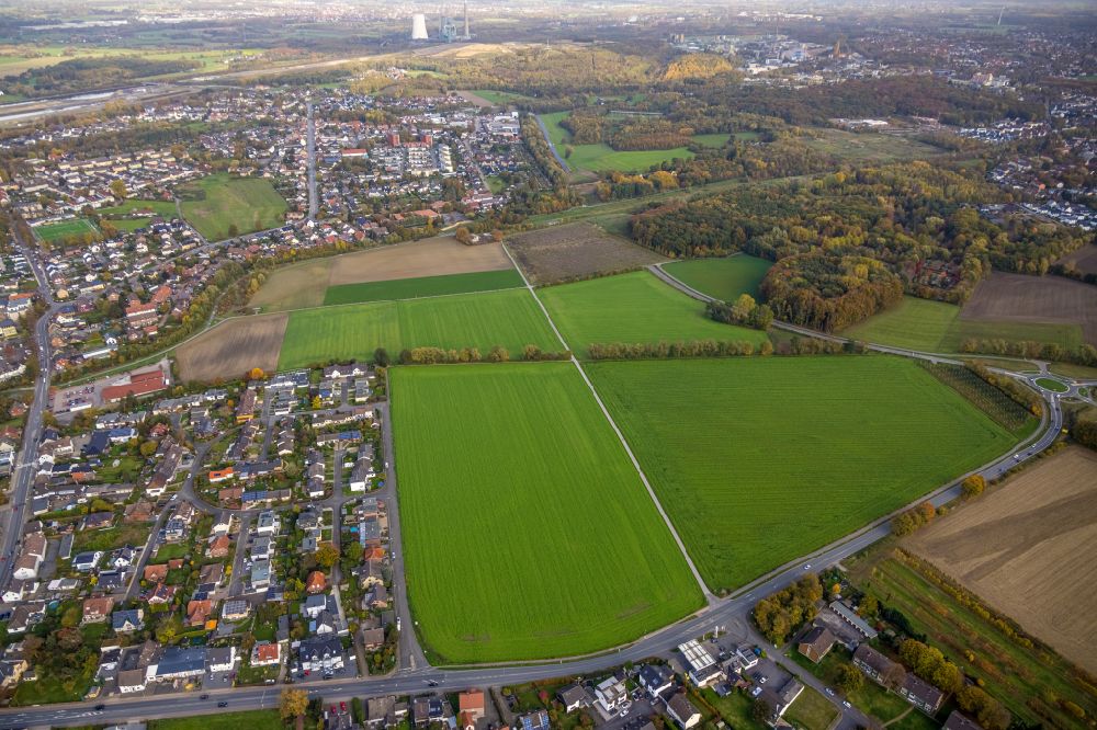 Bergkamen from above - Village view on the edge of agricultural fields and land on street Luenener Strasse in the district Oberaden in Bergkamen at Ruhrgebiet in the state North Rhine-Westphalia, Germany