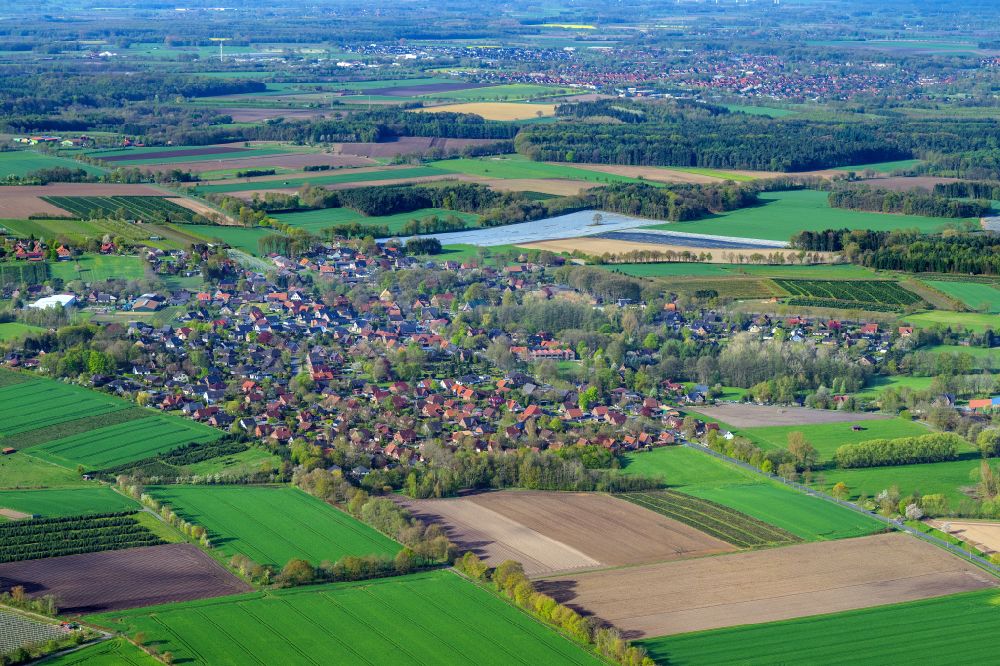 Bliedersdorf from above - Village view on the edge of agricultural fields and land in Bliedersdorf in the state Lower Saxony, Germany