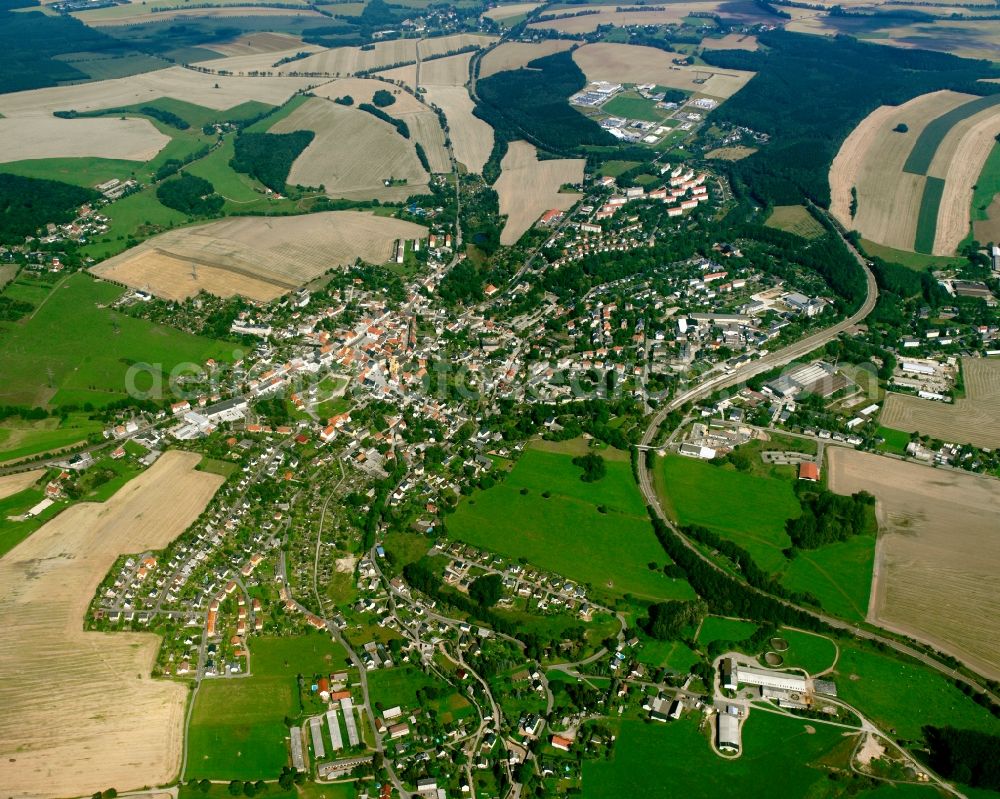 Aerial image Breitenau - Village view on the edge of agricultural fields and land in Breitenau in the state Saxony, Germany