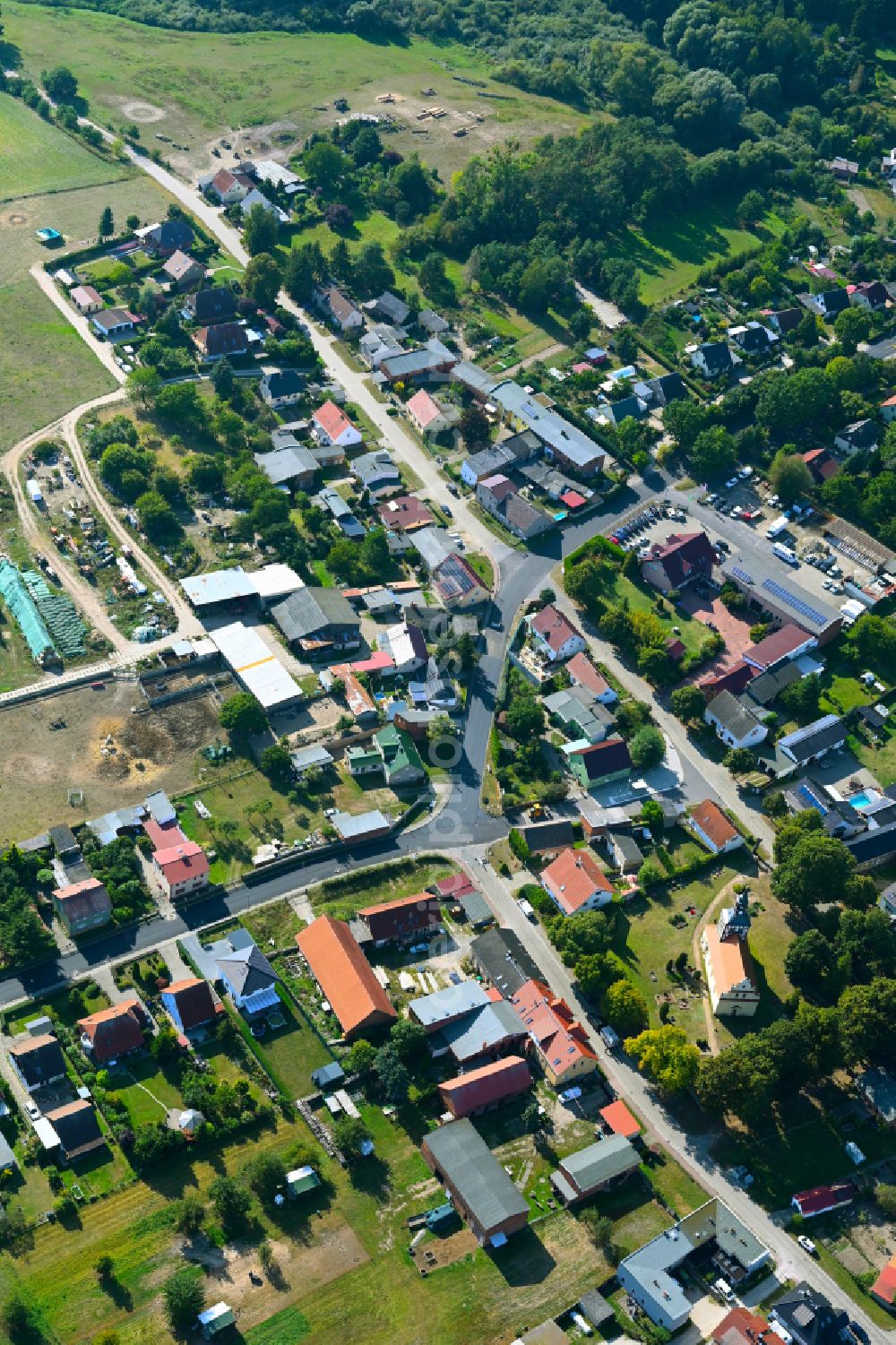 Britz from the bird's eye view: Village view on the edge of agricultural fields and land in Britz in the state Brandenburg, Germany