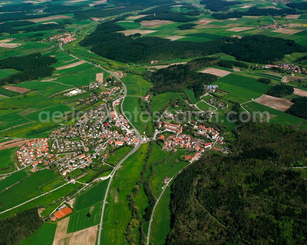Aerial image Bruckberg - Village view on the edge of agricultural fields and land in Bruckberg in the state Bavaria, Germany