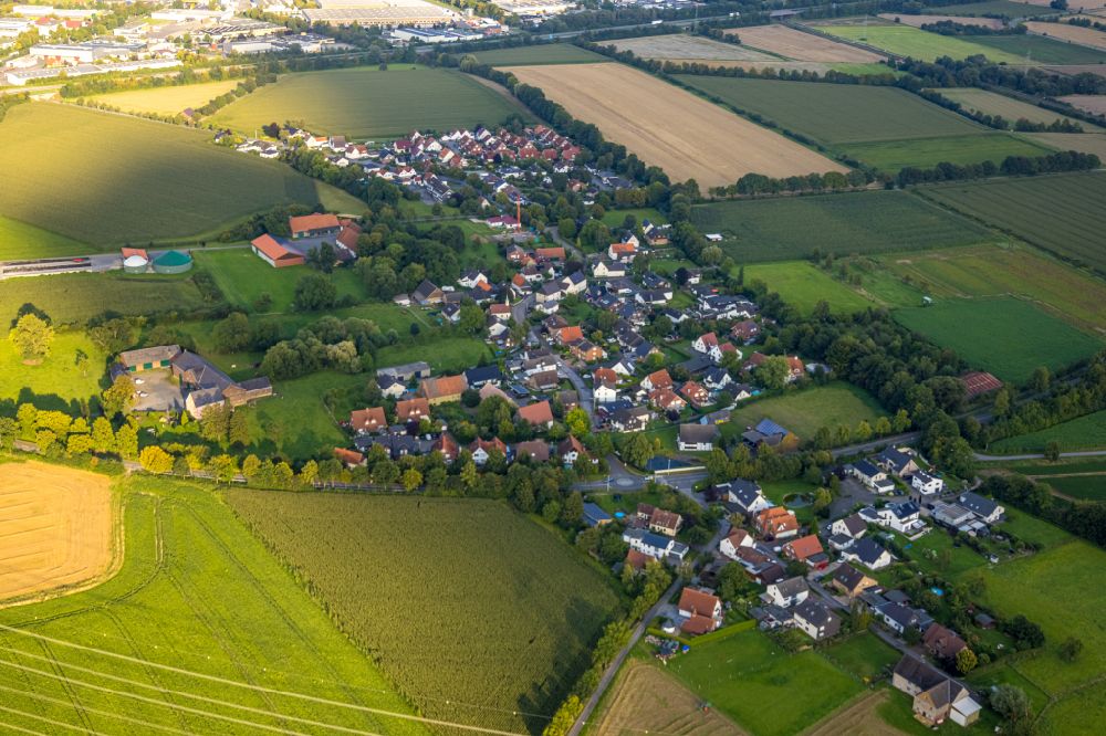Budberg from above - Village view on the edge of agricultural fields and land in Budberg in the state North Rhine-Westphalia, Germany