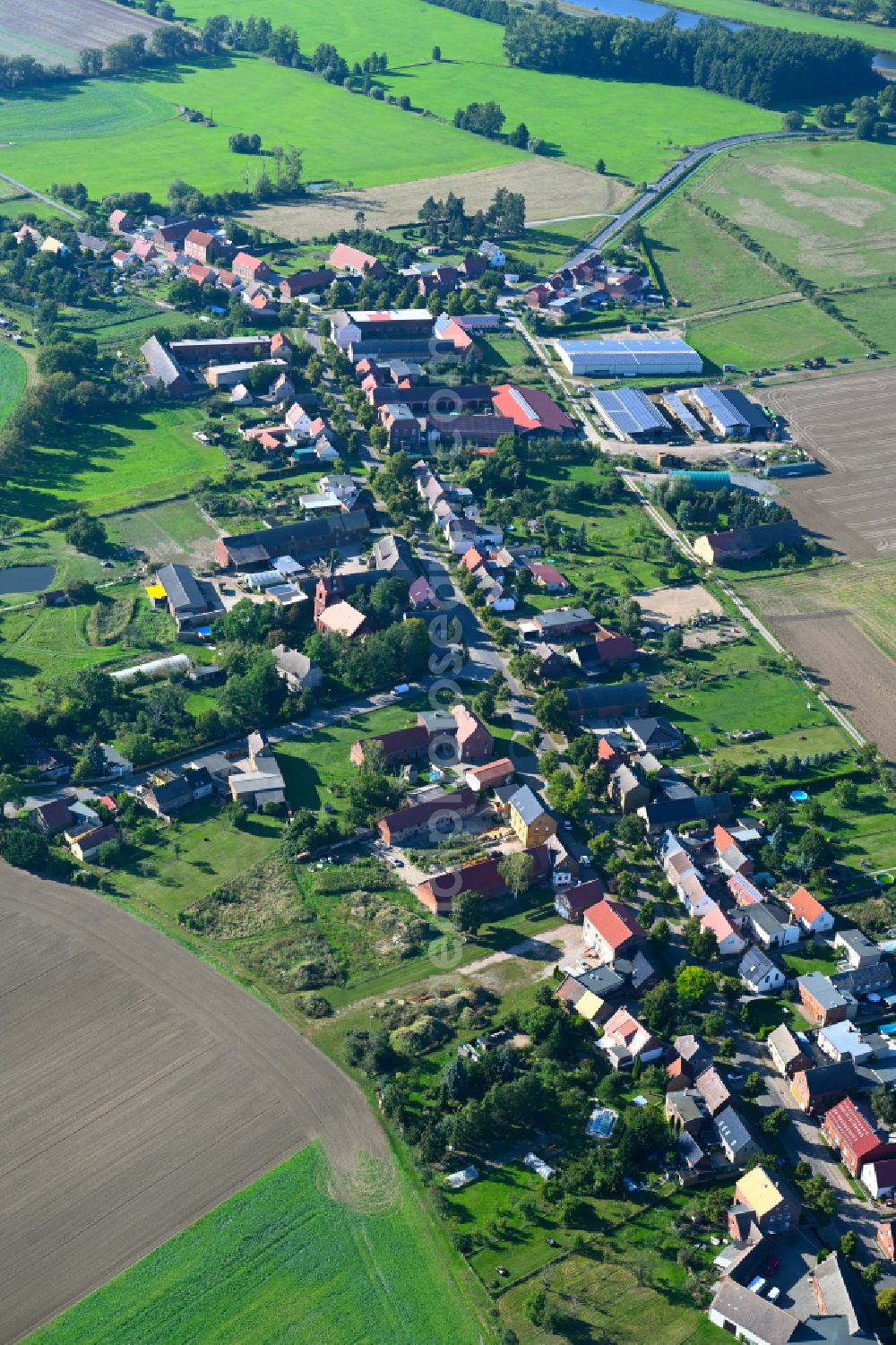 Dabrun from above - Village view on the edge of agricultural fields and land in Dabrun in the state Saxony-Anhalt, Germany