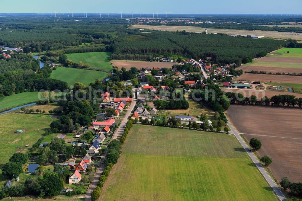 Damm from above - Village view on the edge of agricultural fields and land in Damm in the state Mecklenburg - Western Pomerania, Germany