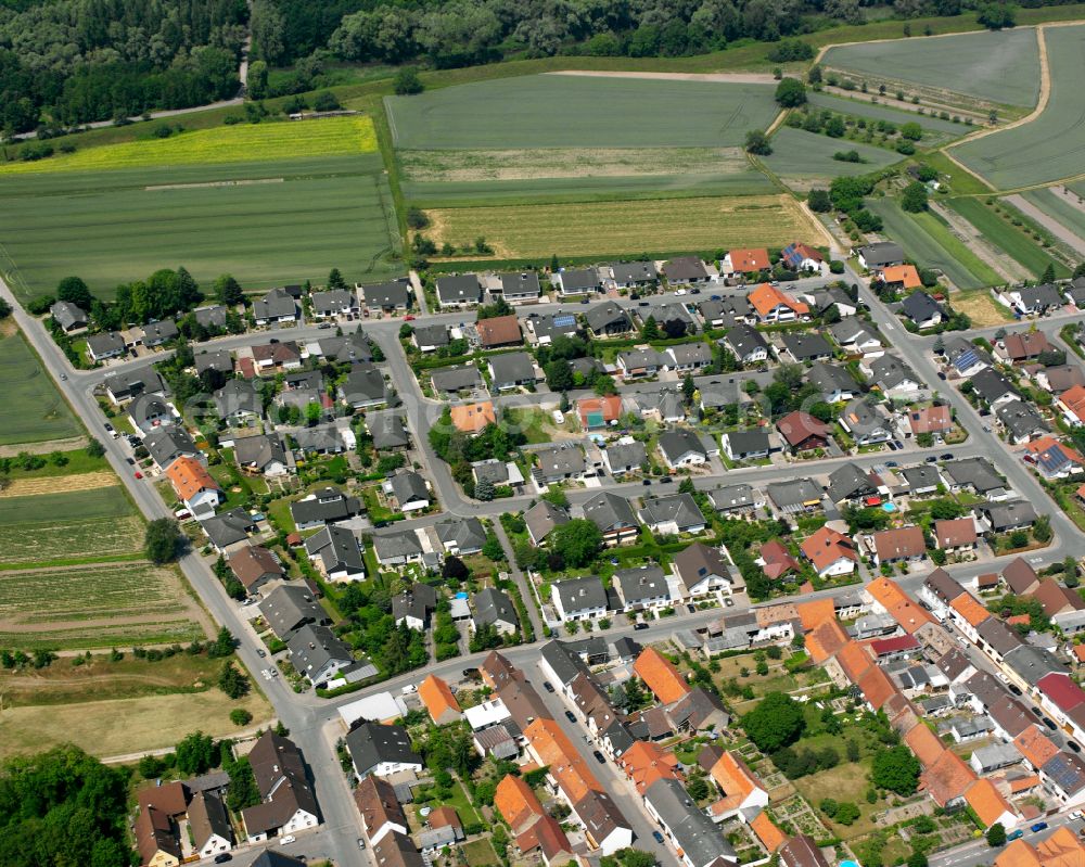 Dettenheim from the bird's eye view: Village view on the edge of agricultural fields and land on street Falkenweg in the district Russheim in Dettenheim in the state Baden-Wuerttemberg, Germany