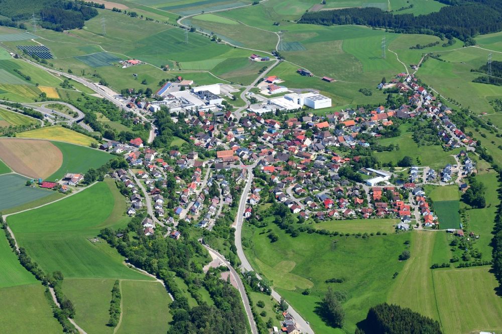 Döggingen from above - Village view on the edge of agricultural fields and land in Doeggingen in the state Baden-Wuerttemberg, Germany