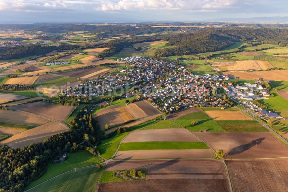 Dietingen from the bird's eye view: Village view on the edge of agricultural fields and land in Dietingen in the state Baden-Wuerttemberg, Germany