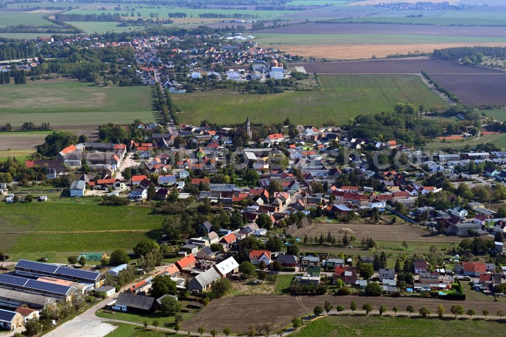 Drosa from above - Village view on the edge of agricultural fields and land in Drosa in the state Saxony-Anhalt, Germany