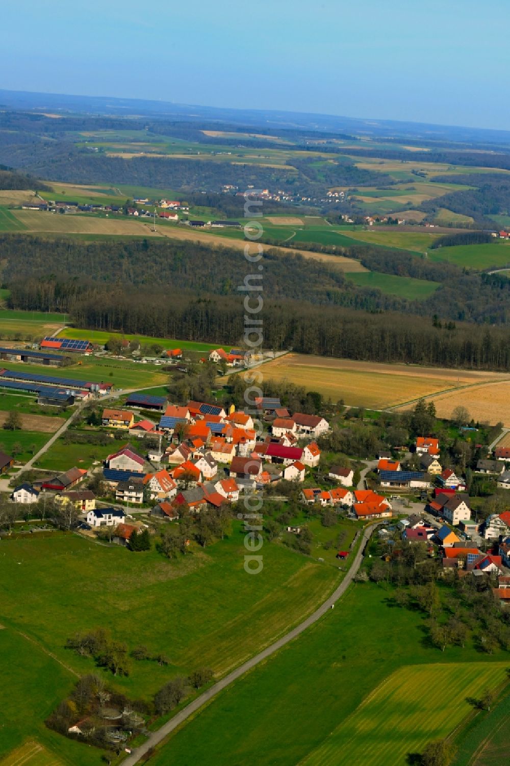 Aerial photograph Eichach - Village view on the edge of agricultural fields and land in Eichach in the state Baden-Wurttemberg, Germany