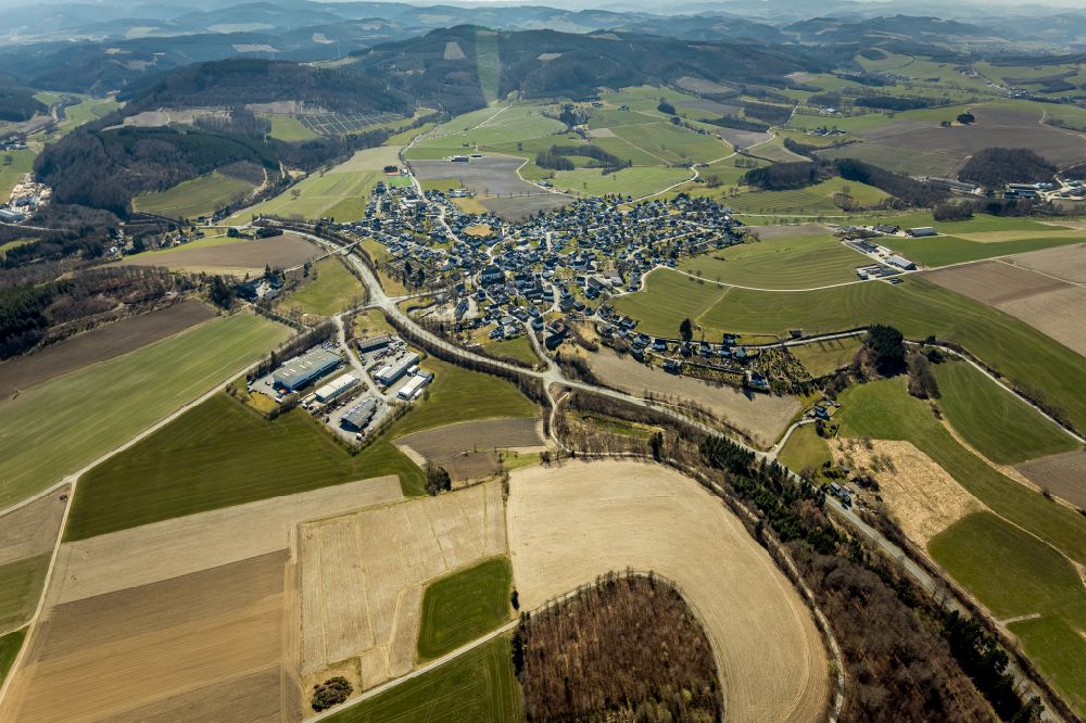 Aerial image Meschede - Village view on the edge of agricultural fields and land along the L740 country road in the district Remblinghausen in Meschede at Sauerland in the state North Rhine-Westphalia, Germany