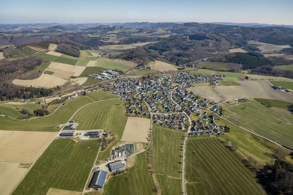 Meschede from above - Village view on the edge of agricultural fields and land along the L740 country road in the district Remblinghausen in Meschede at Sauerland in the state North Rhine-Westphalia, Germany